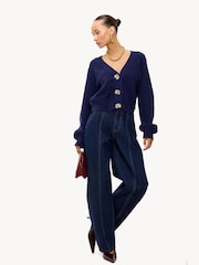 LOAVIES Blue Wrapped In Wonder Statement Button Long Sleeve V-Neck Cardigan - תמונה 4 מתוך 4