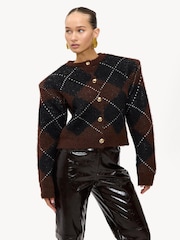 LOAVIES Be The Bonfire Spark Argyle Shoulder Pad Brown Cardigan - Image 1 of 5