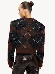 LOAVIES Be The Bonfire Spark Argyle Shoulder Pad Brown Cardigan - Image 2 of 5