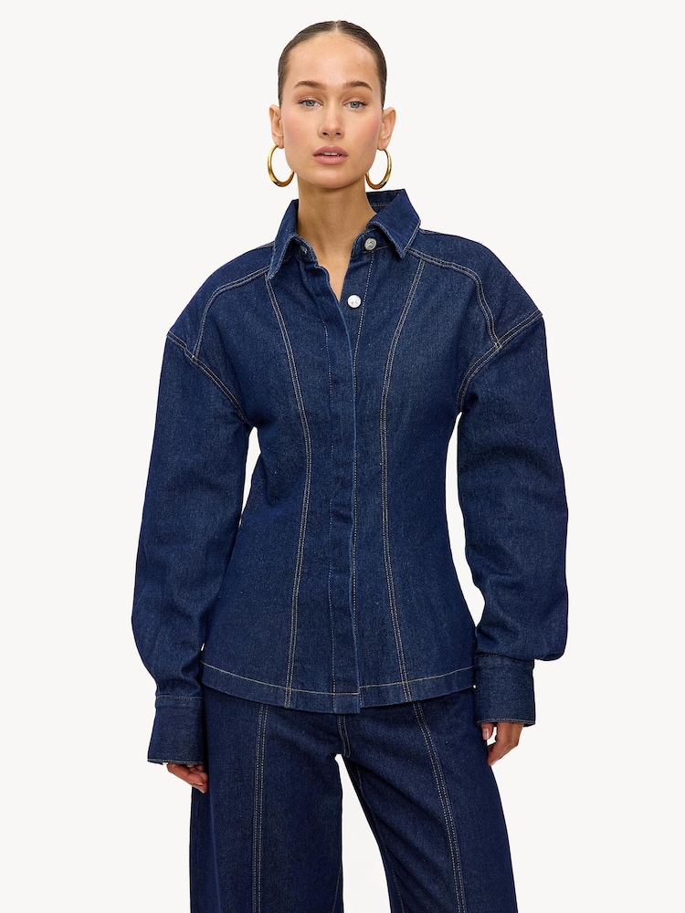 LOAVIES Blue Under Falling Leaves Button Blouse - Image 1 of 5 LOAVIES Blue Under Falling Leaves Button Blouse - Image 1 of 5