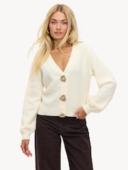 LOAVIES The Cosy Frost Statement Button Long Sleeve V-Neck White Cardigan - Image 1 of 5