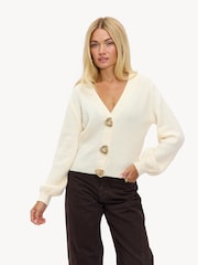 LOAVIES The Cosy Frost Statement Button Long Sleeve V-Neck White Cardigan - 5의 이미지 3