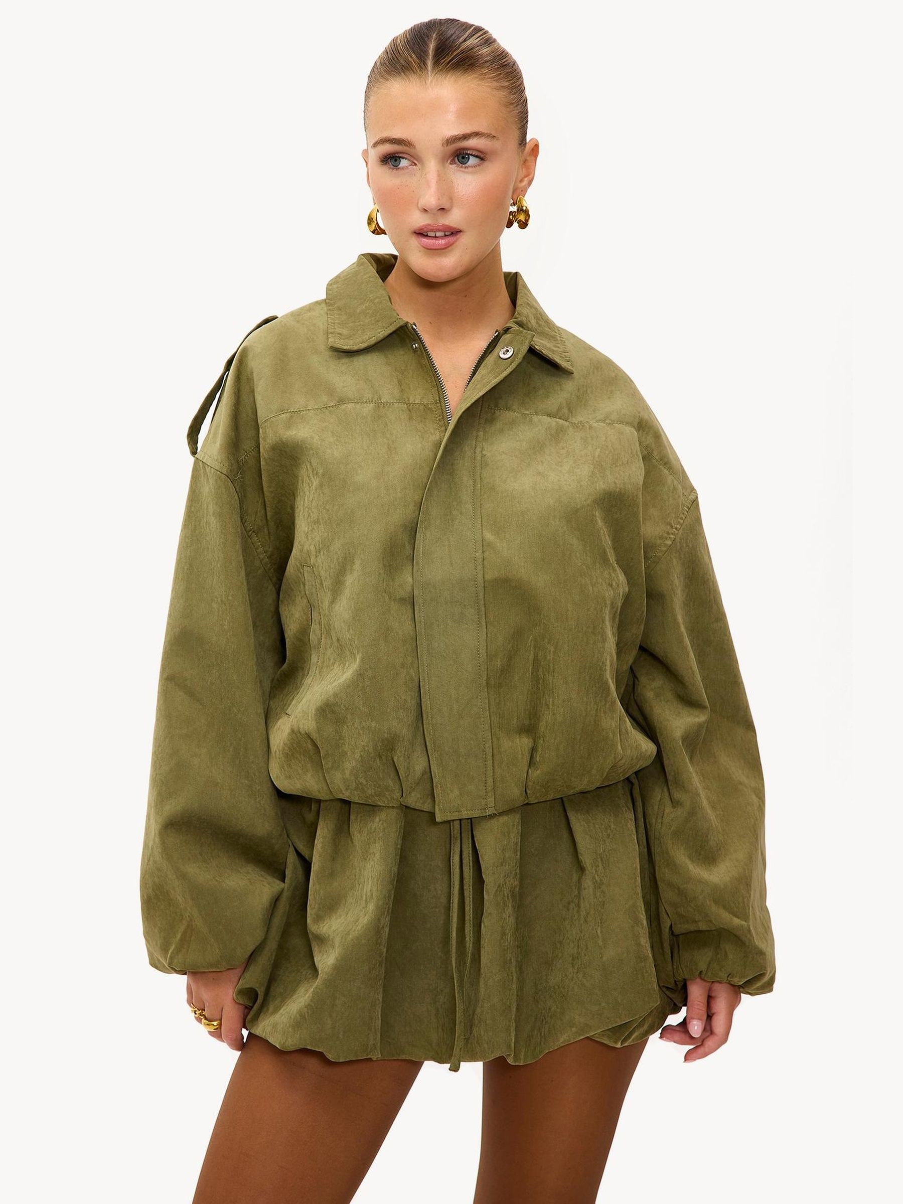Buy LOAVIES Green Kiss Me In The Rain Balloon Sleeve Bomber Jacket