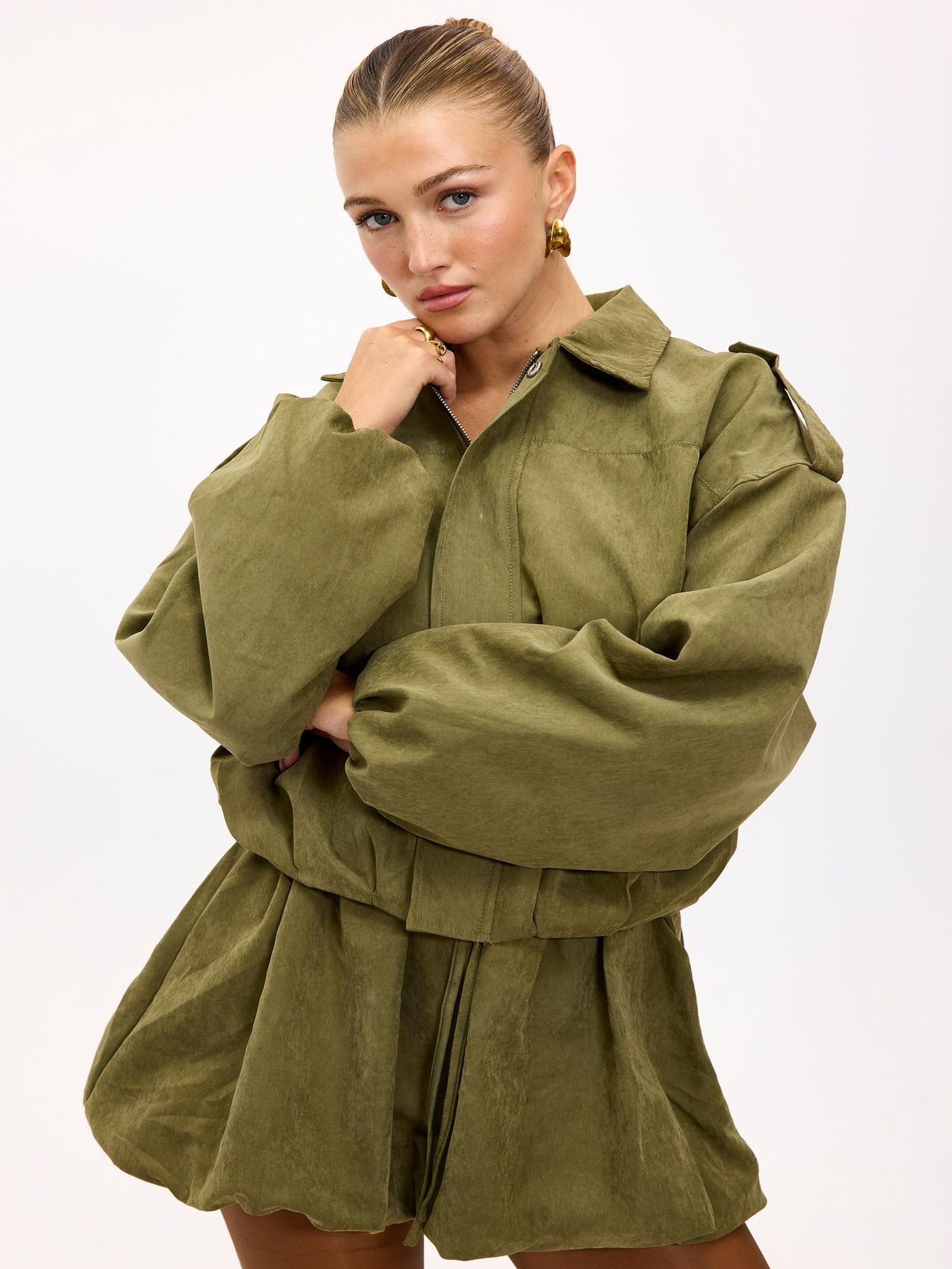 Buy LOAVIES Green Kiss Me In The Rain Balloon Sleeve Bomber Jacket