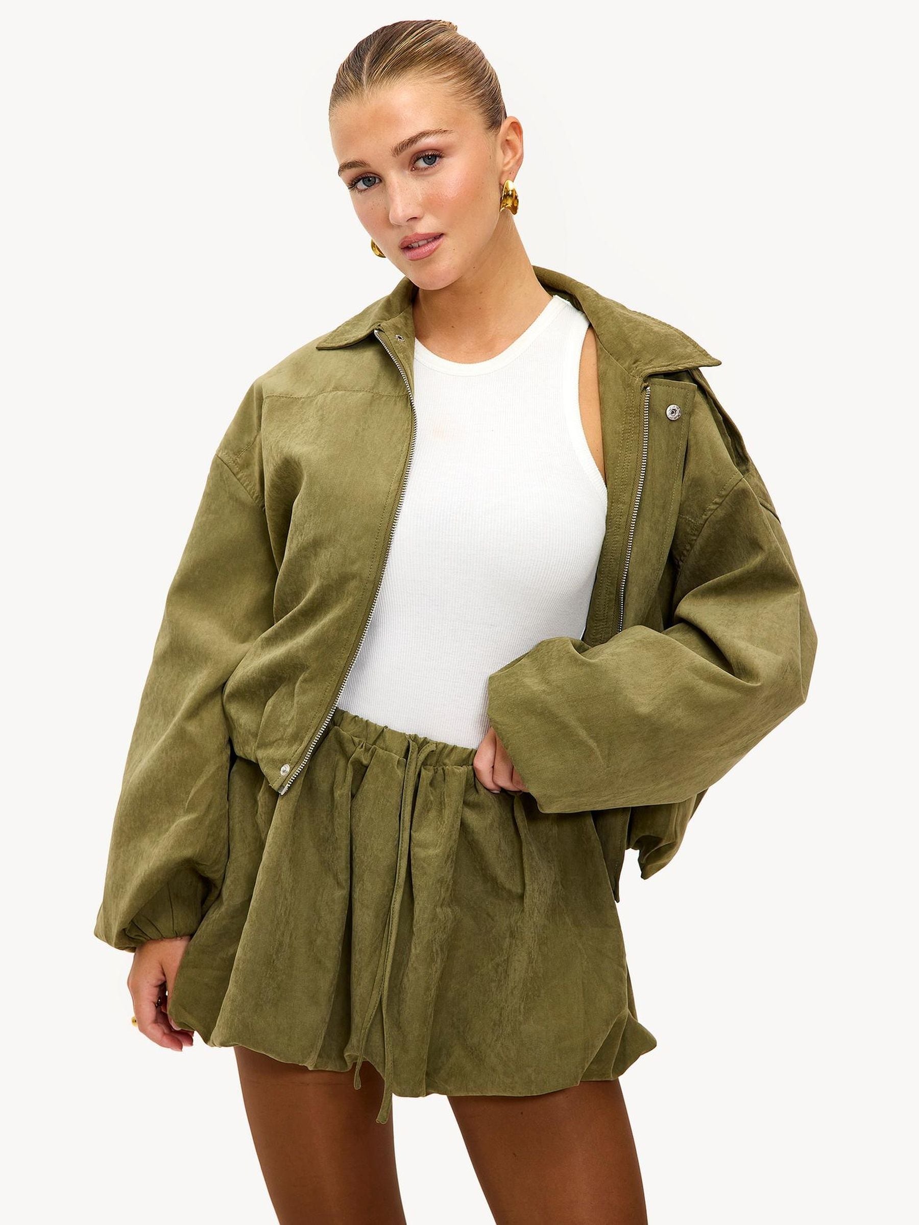 Buy LOAVIES Green Kiss Me In The Rain Balloon Sleeve Bomber Jacket