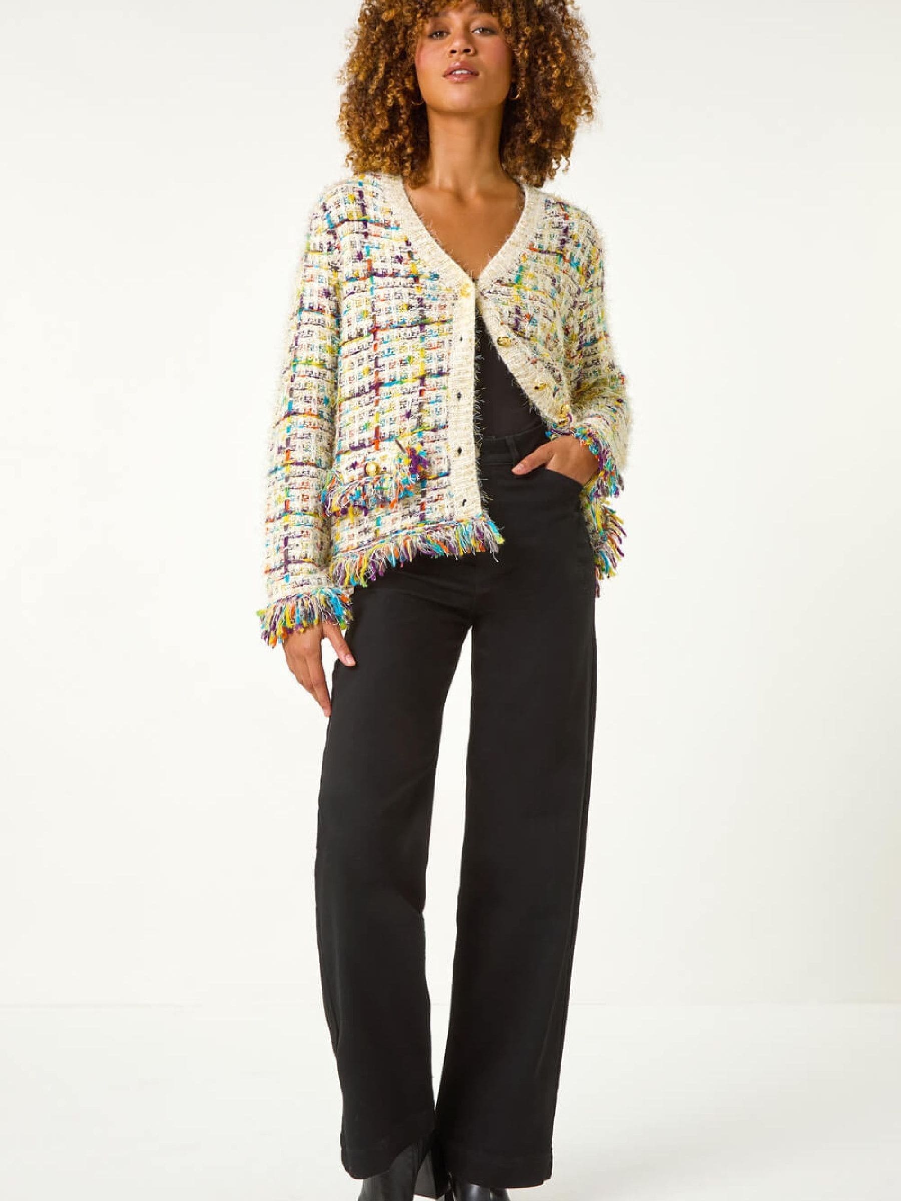 Buy Roman White Textured Fringe Knit Cardigan from the Next UK