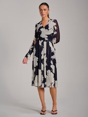 Jolie Moi Blue Long Sleeve Printed Mesh Midi Dress - Image 4 of 6