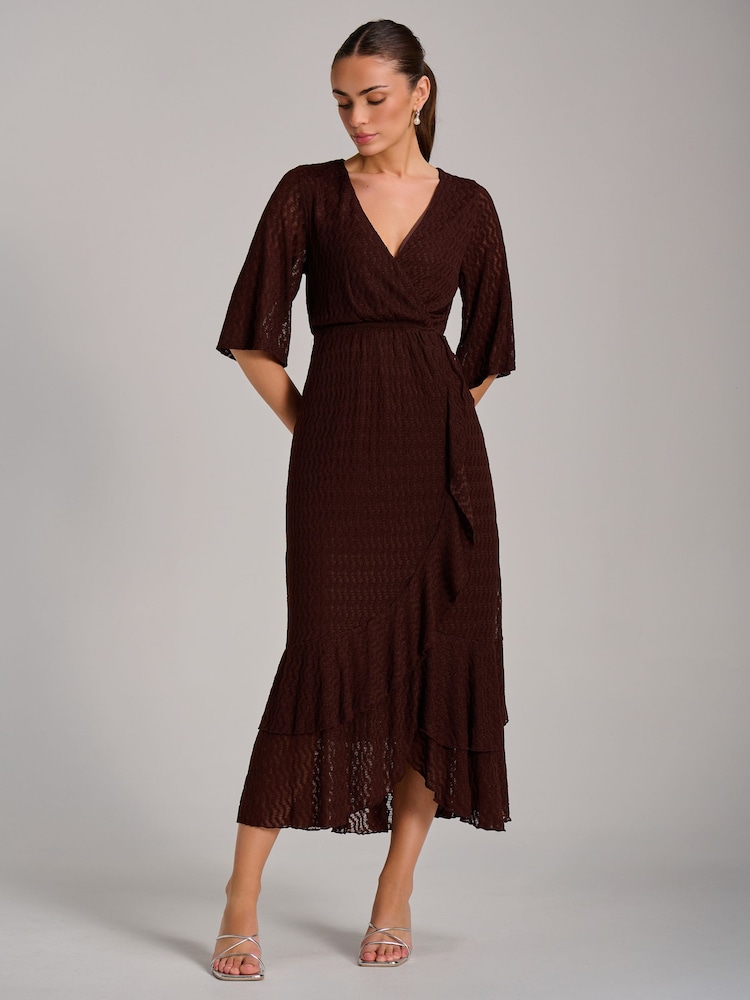 Jolie Moi Brown Textured Ruffle Hem Knitted Maxi Dress - Image 1 of 6 Jolie Moi Brown Textured Ruffle Hem Knitted Maxi Dress - Image 1 of 6