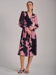 Jolie Moi Pink Long Sleeve Printed Mesh Midi Dress - Image 1 of 6