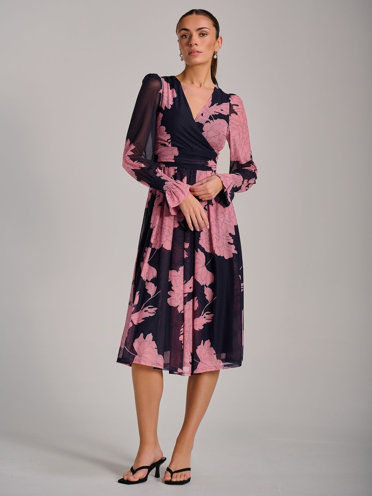 Jolie Moi Pink Long Sleeve Printed Mesh Midi Dress - Image 1 of 6