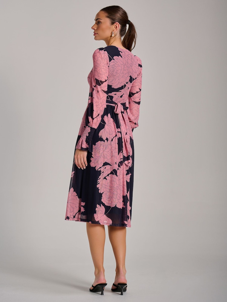 Jolie Moi Pink Long Sleeve Printed Mesh Midi Dress - Image 2 of 6