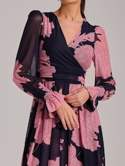 Jolie Moi Pink Long Sleeve Printed Mesh Midi Dress - Image 3 of 6