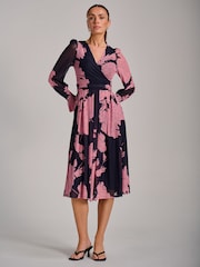 Jolie Moi Pink Long Sleeve Printed Mesh Midi Dress - Image 4 of 6