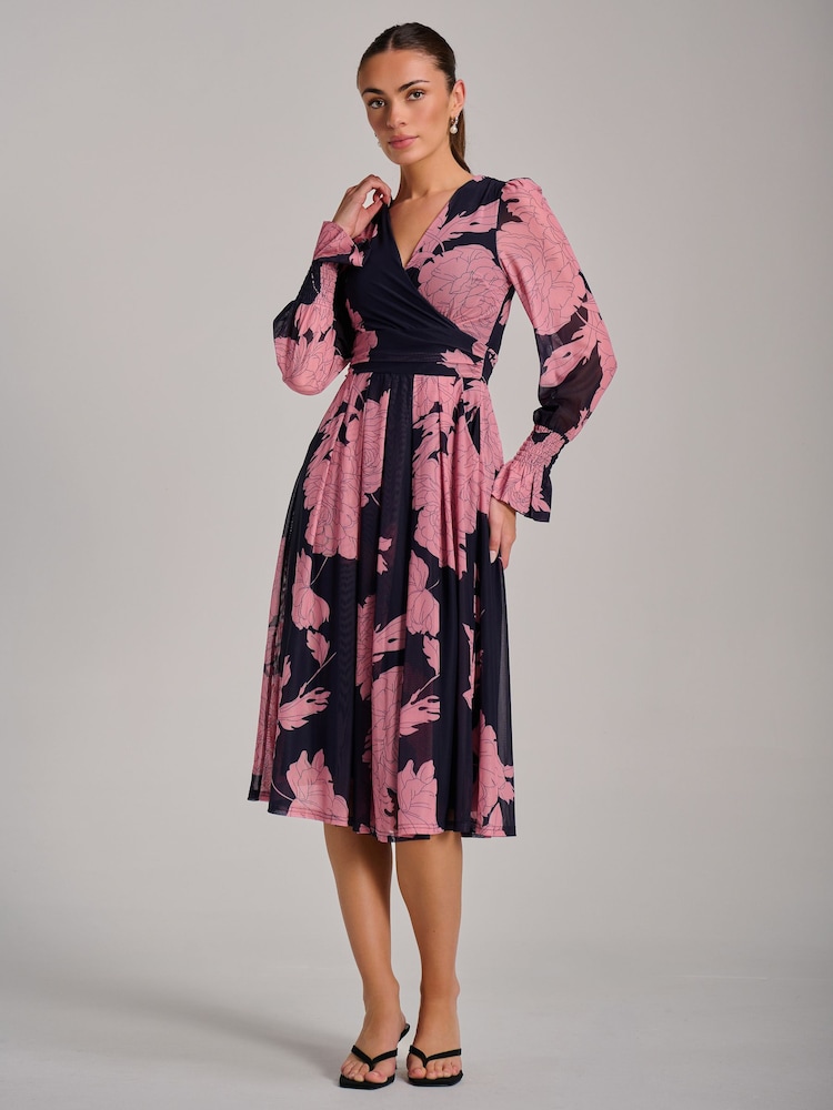 Jolie Moi Pink Long Sleeve Printed Mesh Midi Dress - Image 6 of 6