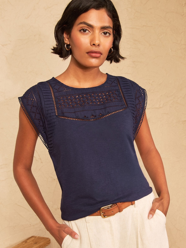 Love & Roses Navy Broderie Yoke Jersey T-Shirt - Image 1 of 4