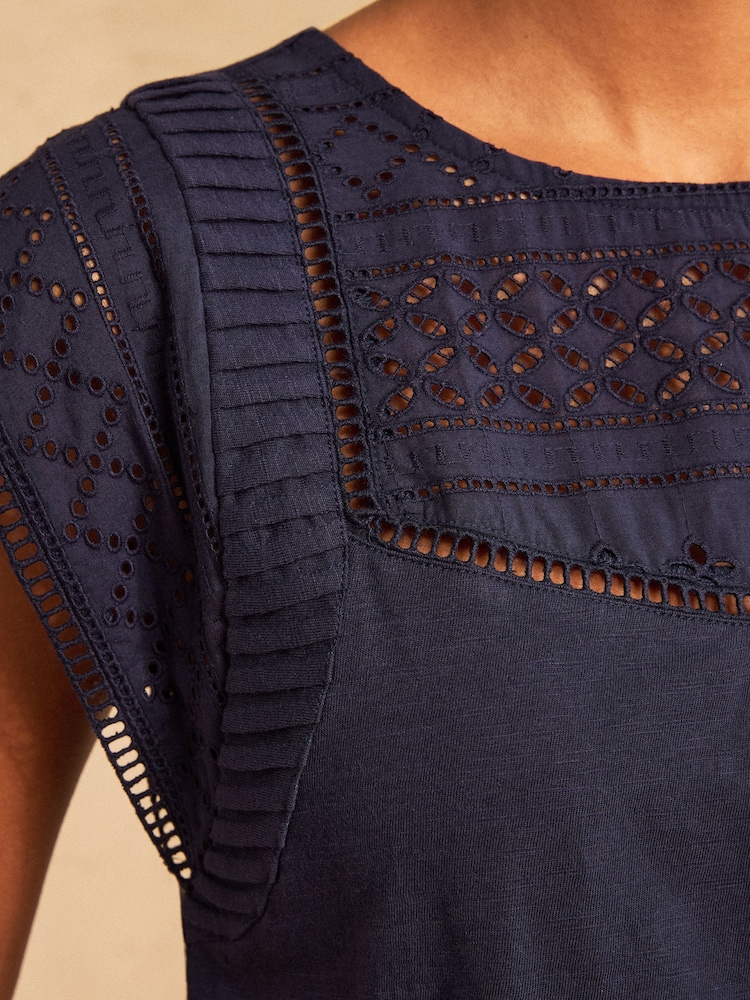 Love & Roses Navy Broderie Yoke Jersey T-Shirt - Image 2 of 4