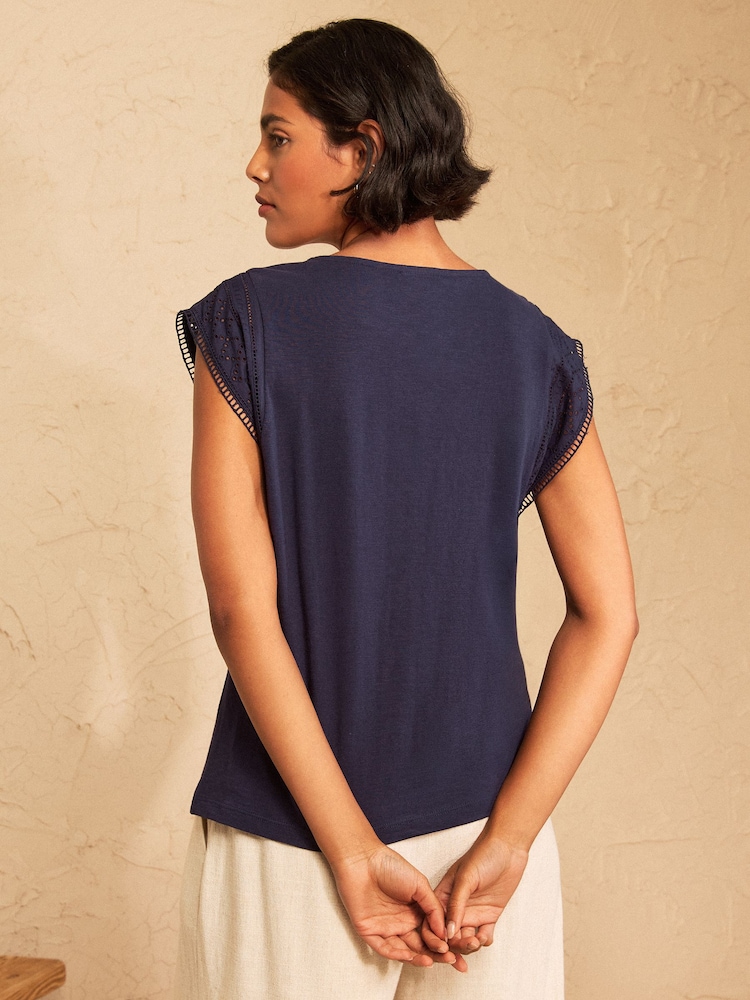 Love & Roses Navy Broderie Yoke Jersey T-Shirt - Image 4 of 4