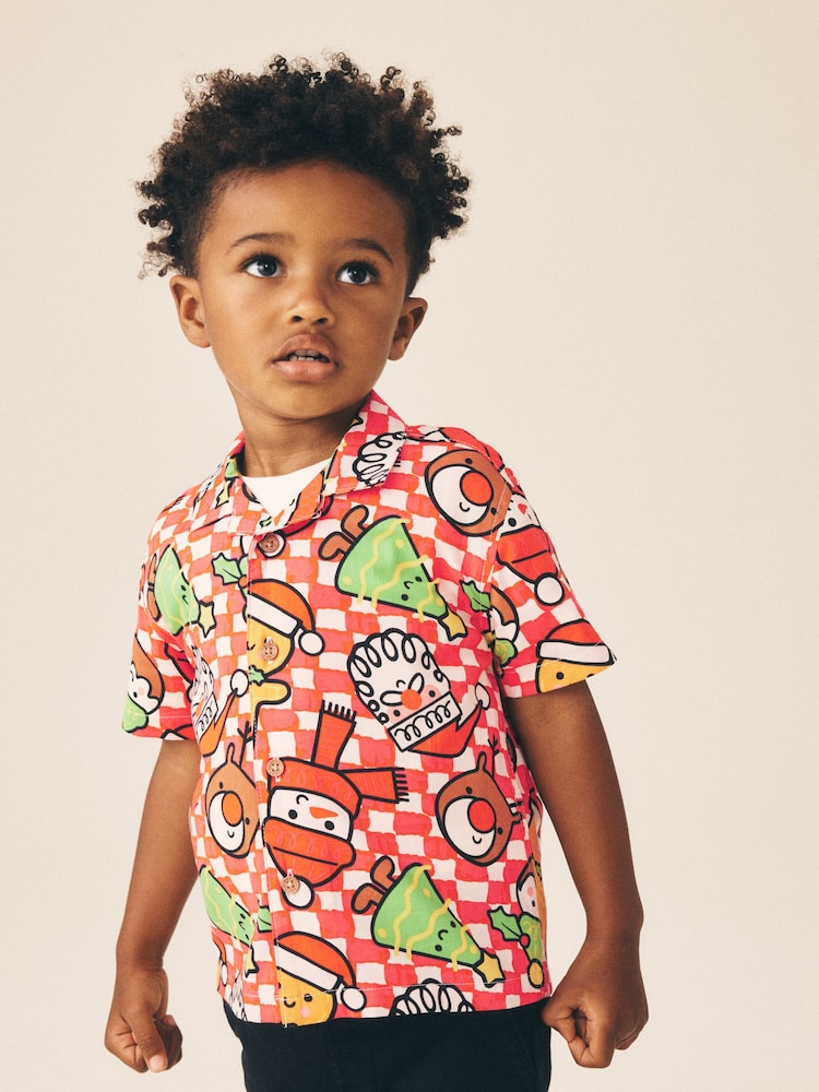 Red/White Checkerboard Short Sleeve Revere Collar Christmas Shirt (3mths-10yrs) - Image 1 of 8 Red/White Checkerboard Short Sleeve Revere Collar Christmas Shirt (3mths-10yrs) - Image 1 of 8
