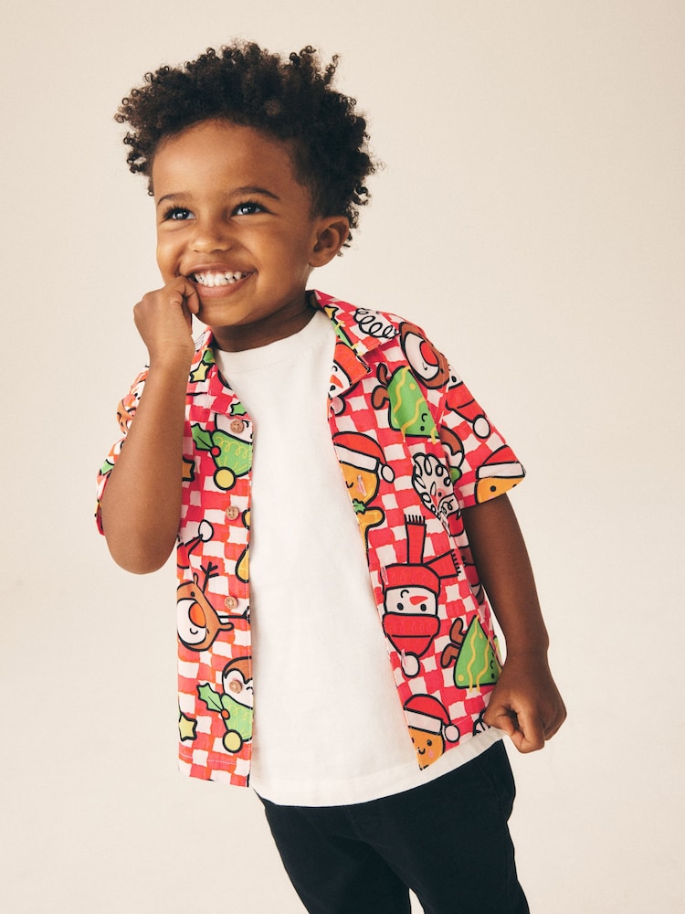 Red/White Checkerboard Short Sleeve Revere Collar Christmas Shirt (3mths-10yrs) - Image 2 of 8 Red/White Checkerboard Short Sleeve Revere Collar Christmas Shirt (3mths-10yrs) - Image 2 of 8