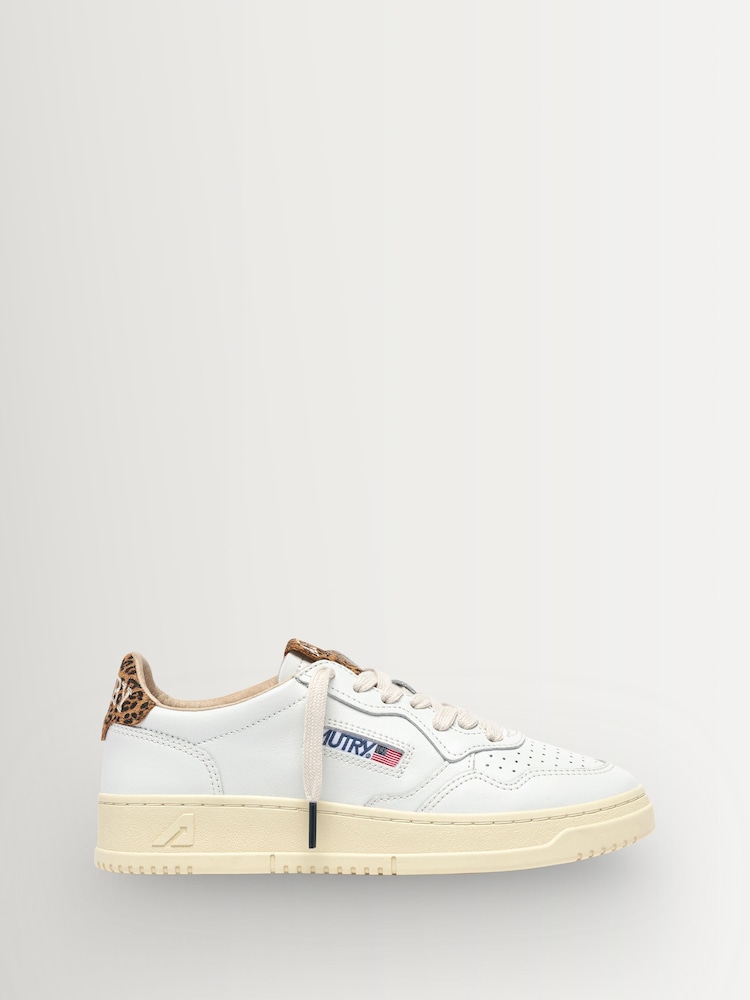 AUTRY White Medalist Leather Low Top Trainers with Leopard Suede Tab and Tongue - Image 1 of 6 AUTRY White Medalist Leather Low Top Trainers with Leopard Suede Tab and Tongue - Image 1 of 6