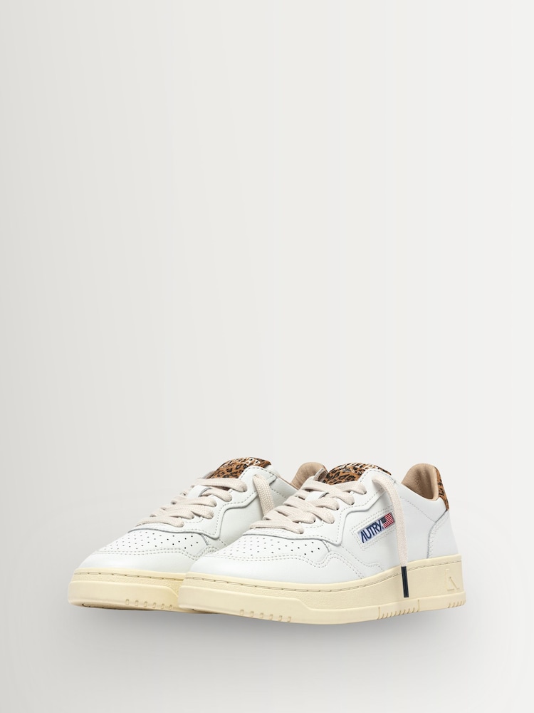 AUTRY White Medalist Leather Low Top Trainers with Leopard Suede Tab and Tongue - Image 2 of 6 AUTRY White Medalist Leather Low Top Trainers with Leopard Suede Tab and Tongue - Image 2 of 6