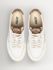 AUTRY White Medalist Leather Low Top Trainers with Leopard Suede Tab and Tongue - Image 4 of 6