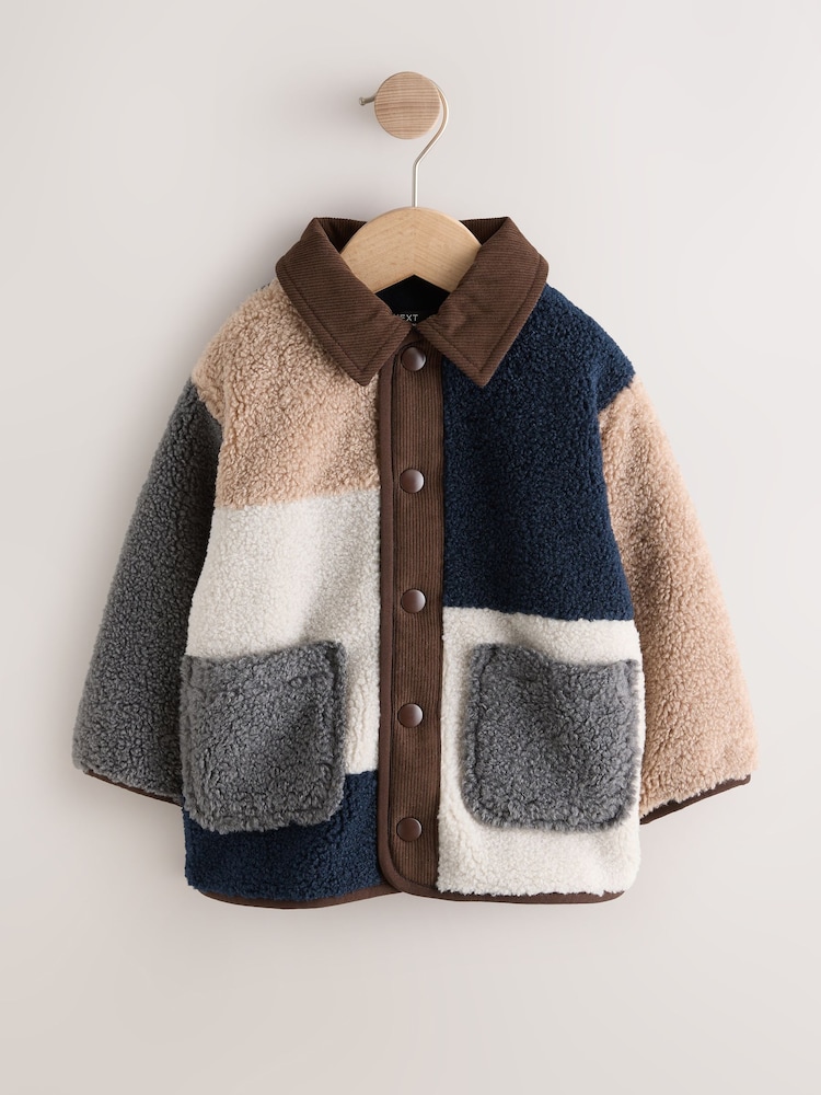 Neutral/Navy Colourblock Borg Fleece Shacket (3mths-7yrs) - Image 1 of 5