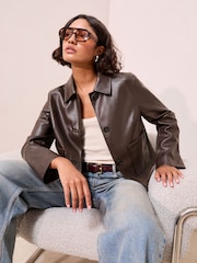 Friends Like These Chocolate Brown Faux Leather Short Collared Jacket - Image 1 of 4