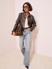 Friends Like These Chocolate Brown Faux Leather Short Collared Jacket - Image 3 of 4