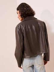 Friends Like These Chocolate Brown Faux Leather Short Collared Jacket - Image 4 of 4