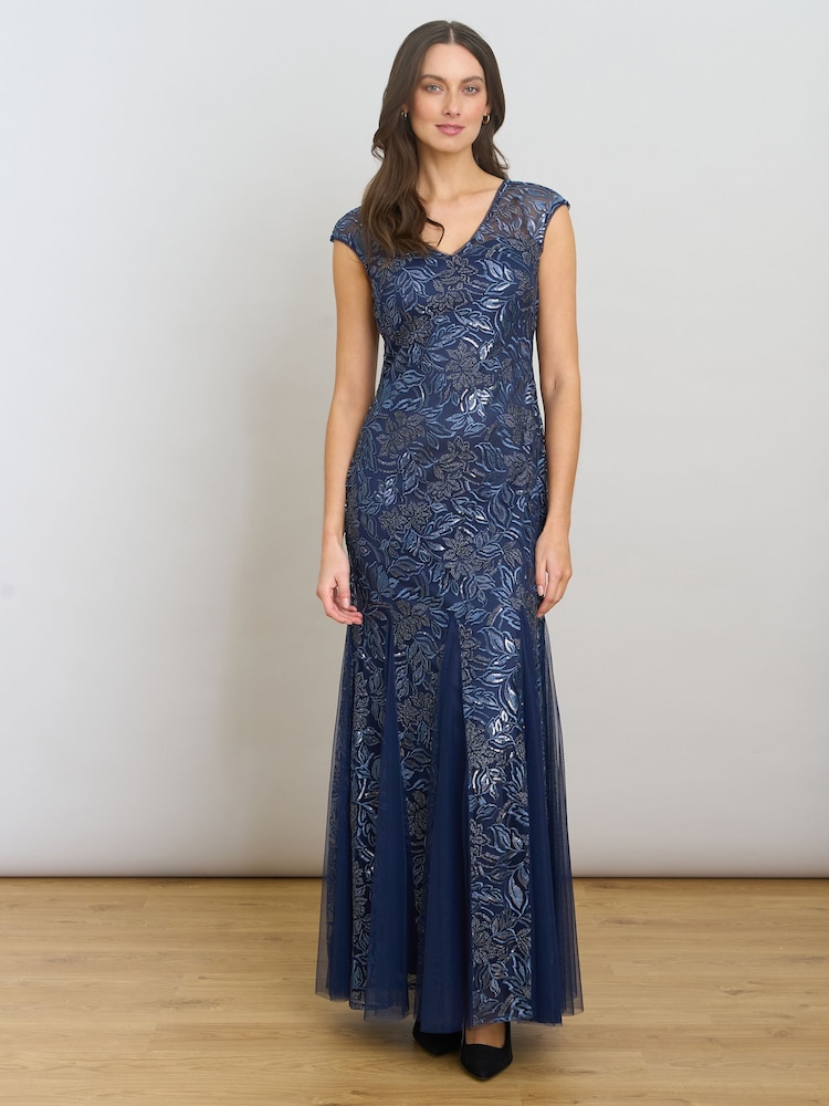 Gina Bacconi Blue Indy Maxi Dress With Matching Scarf - Image 1 of 6 Gina Bacconi Blue Indy Maxi Dress With Matching Scarf - Image 1 of 6