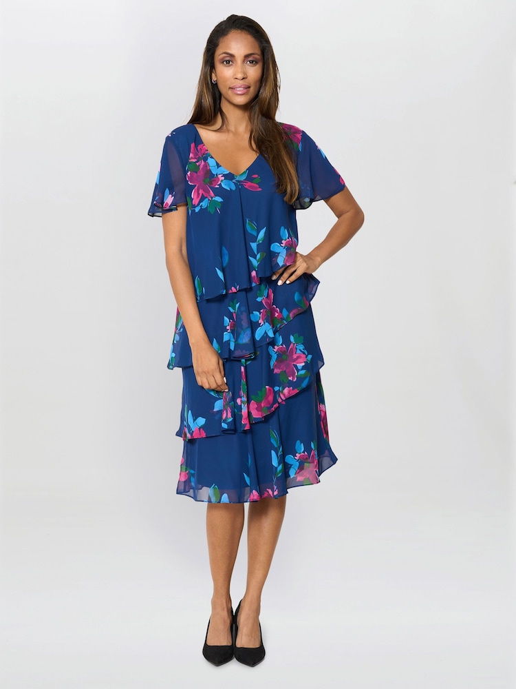 Gina Bacconi Blue Talie Tiered Floral Chiffon Dress - Image 1 of 6 Gina Bacconi Blue Talie Tiered Floral Chiffon Dress - Image 1 of 6