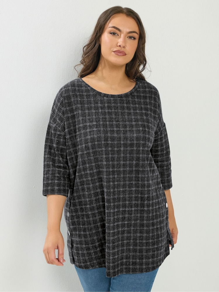 Yours Curve Black Side Button Checked Blouse - Image 1 of 5 Yours Curve Black Side Button Checked Blouse - Image 1 of 5
