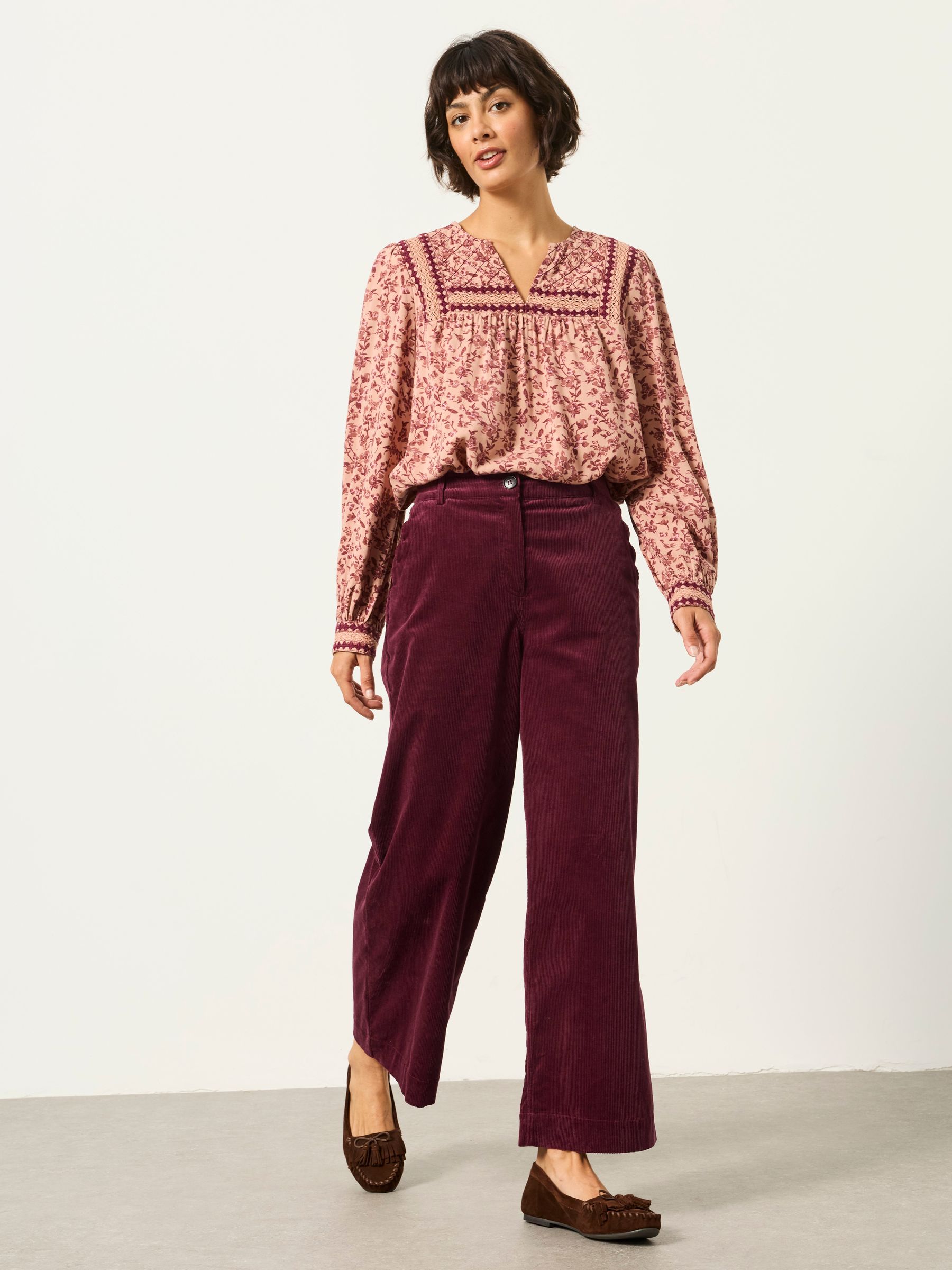 FatFace Hove Wide Leg Corduroy Trousers for Women in Burgundy Red Size 24 R