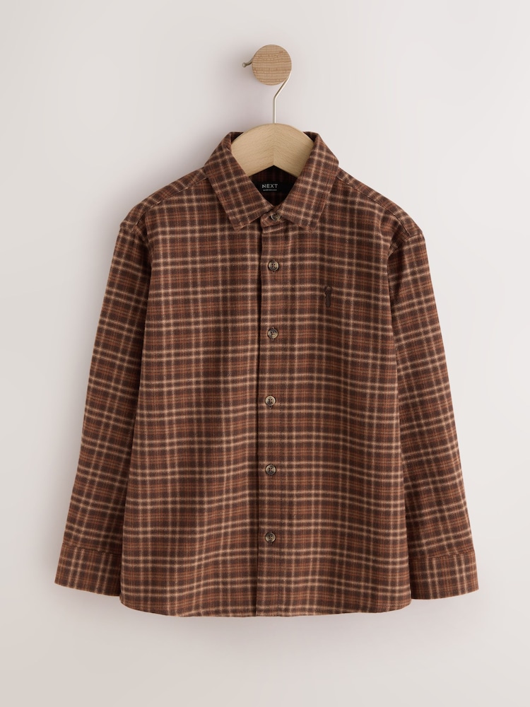Tan Brown Micro Check Long Sleeve Check Shirt (3-16yrs) - Image 1 of 4 Tan Brown Micro Check Long Sleeve Check Shirt (3-16yrs) - Image 1 of 4