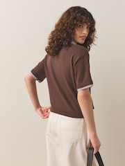 朱古力棕色條紋 - Short Sleeve Layered Polo Top - 圖片 3/6