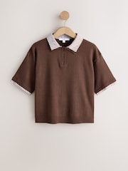 朱古力棕色條紋 - Short Sleeve Layered Polo Top - 圖片 4/6