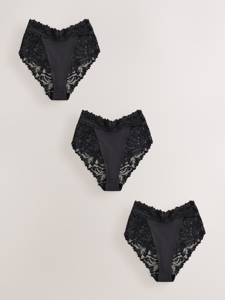 Black High Waist High Leg Ultimate Comfort Lace Knickers 3 Pack - Image 1 of 4