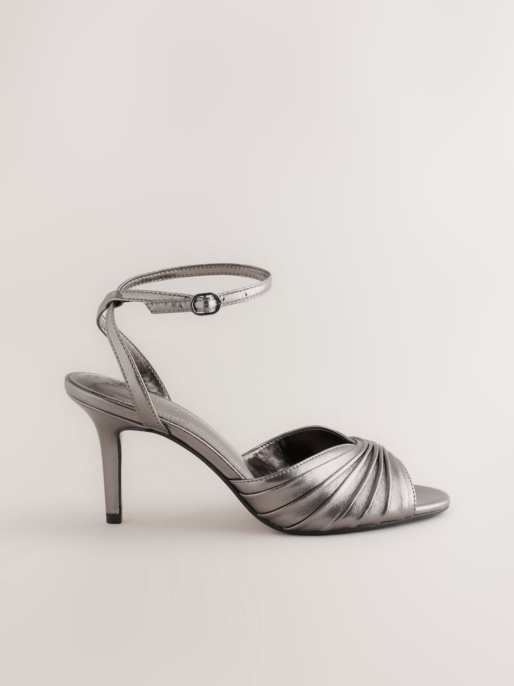 Pewter Forever Comfort® Leather Ruched Heeled Sandals - Image 1 of 5