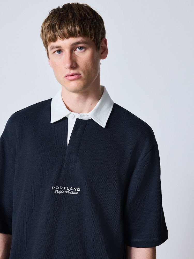Navy Blue Short Sleeve Texture Rib Rugby Shirt - Image 1 of 7