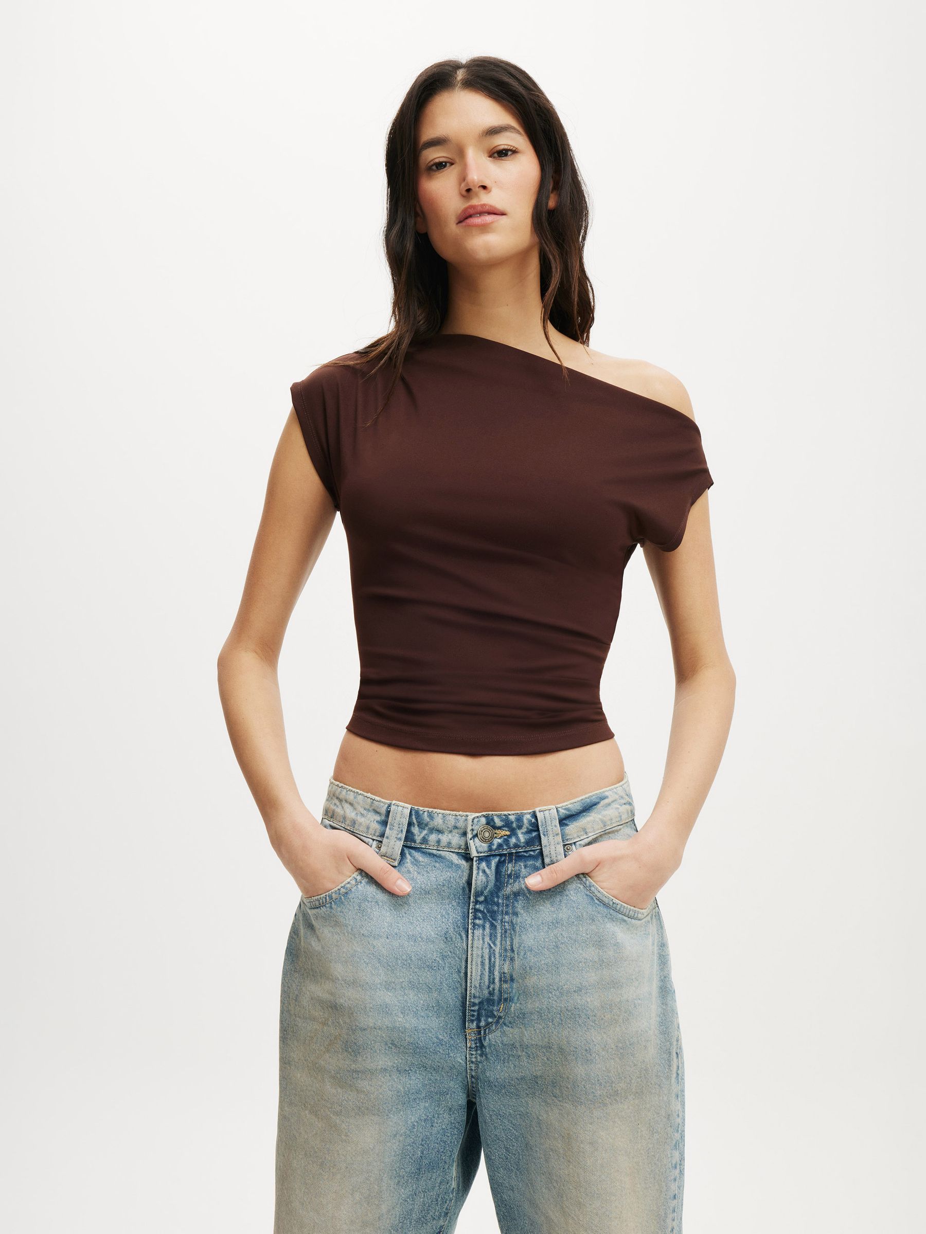 Buy Cotton On Brown Georgie Off Shoulder Short Sleeve Top from