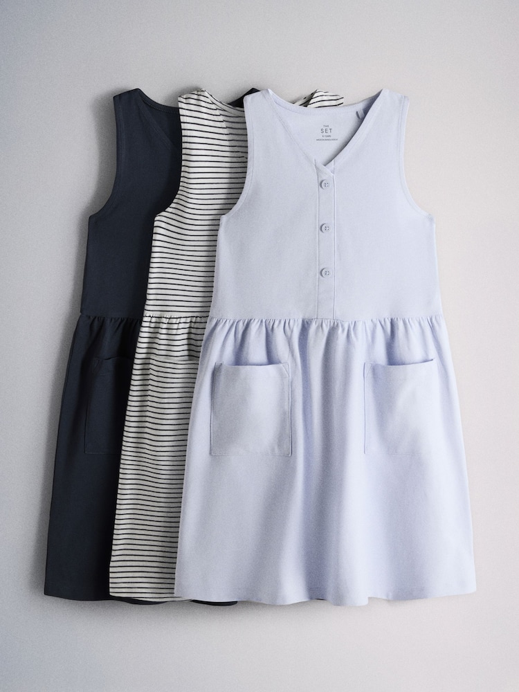 The Set 3 Pack Sleeveless Jersey Dresses with Pockets Blue/Navy/Stripe - Image 2 of 9