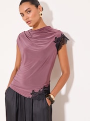 Lipsy Burgundy Red Asymmetric Slinky Lace Top - Image 1 of 5
