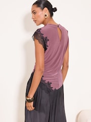Lipsy Burgundy Red Asymmetric Slinky Lace Top - Image 2 of 5