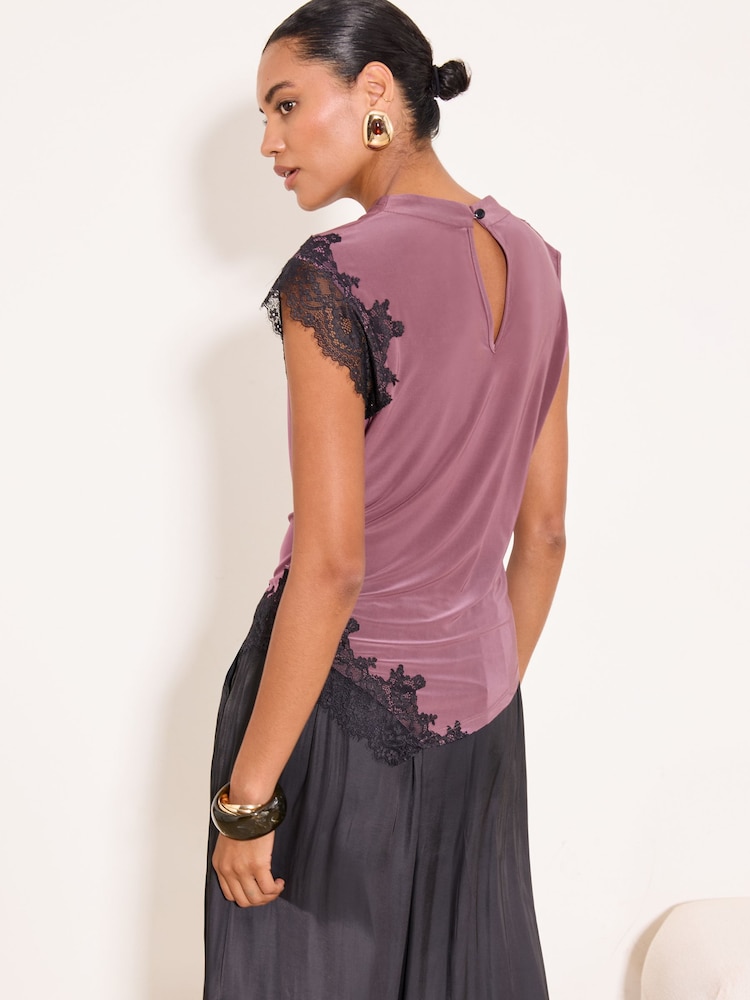 Lipsy Burgundy Red Asymmetric Slinky Lace Top - Image 2 of 5