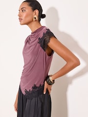 Lipsy Burgundy Red Asymmetric Slinky Lace Top - Image 3 of 5