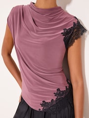 Lipsy Burgundy Red Asymmetric Slinky Lace Top - Image 4 of 5