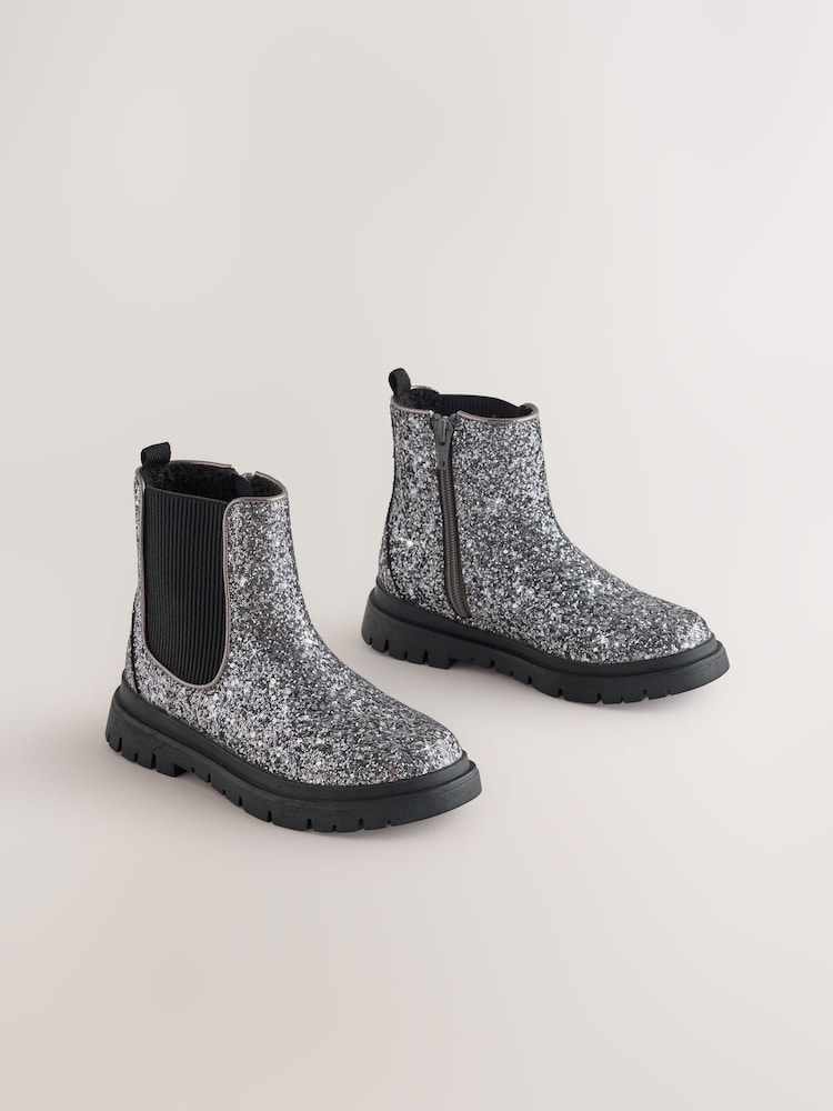 Silver Glitter Wide Fit (G) Chunky Chelsea Boots - Image 1 of 5