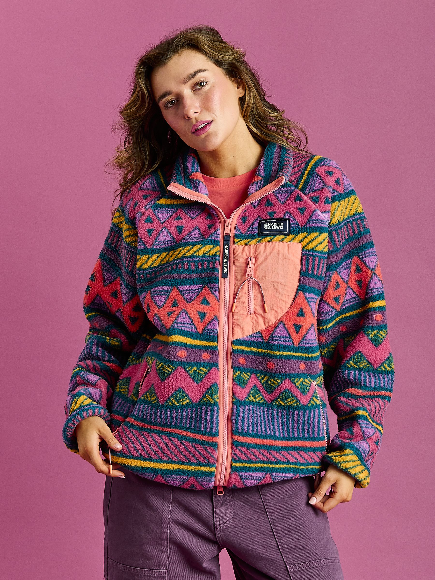 Buy Harper & Lewis Green Finn Retro Pattern Full Zip Sherpa Fleece