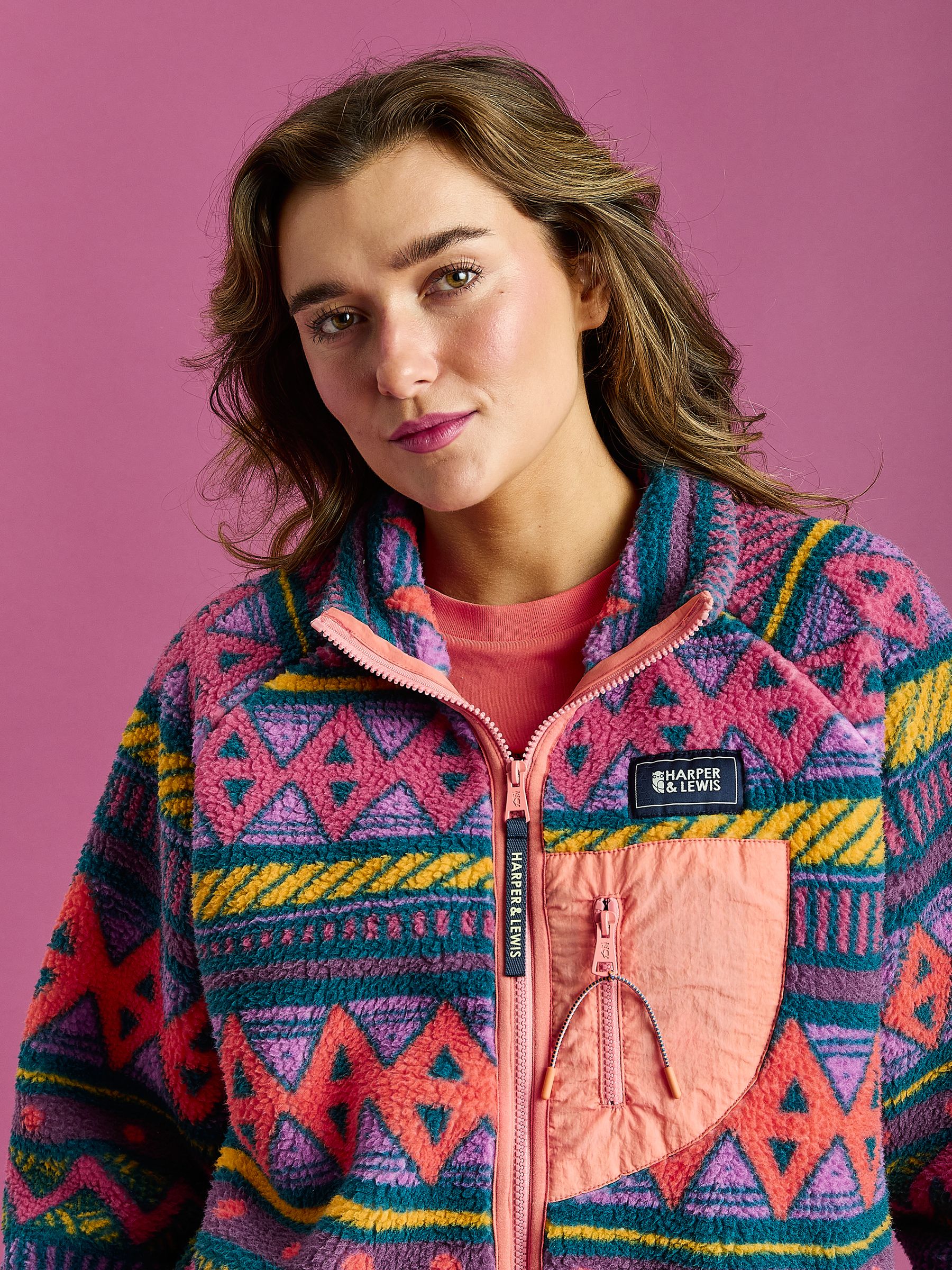 Buy Harper & Lewis Green Finn Retro Pattern Full Zip Sherpa Fleece